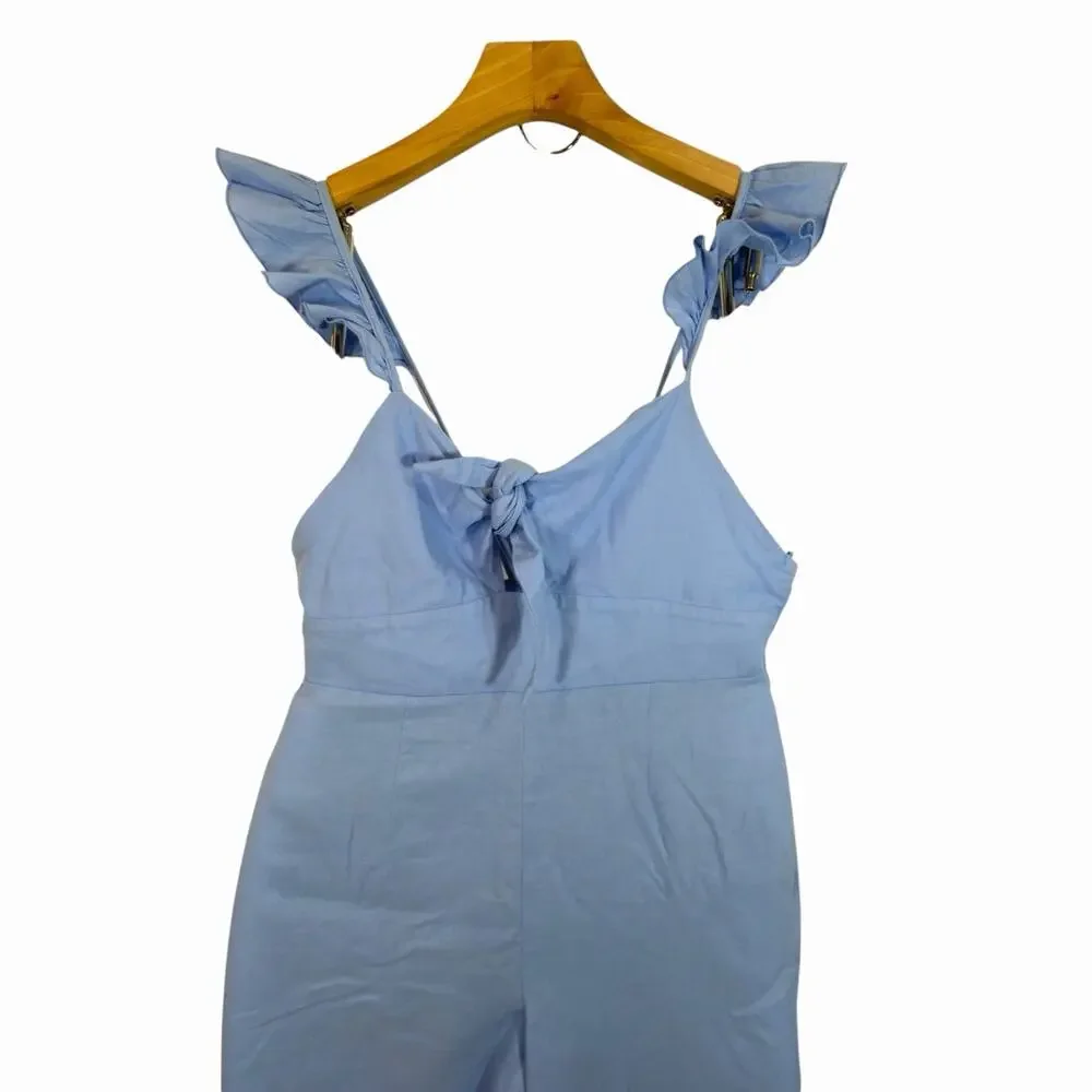 Zara Cottagecore Linen Blend Blue Cutout Wide Leg Romper Sz L Ruffle and Cut-Out